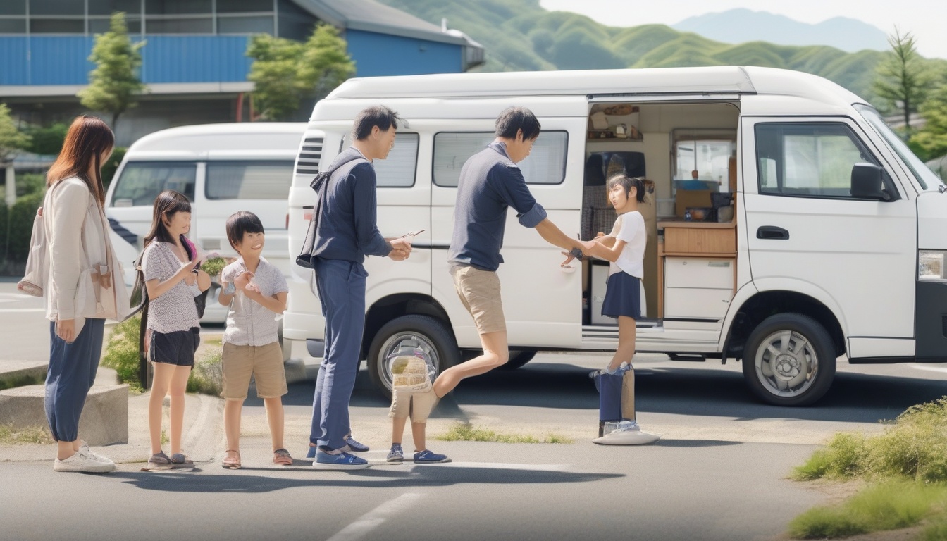レンタルキャンピングカーの受け渡しを行うスタッフと家族