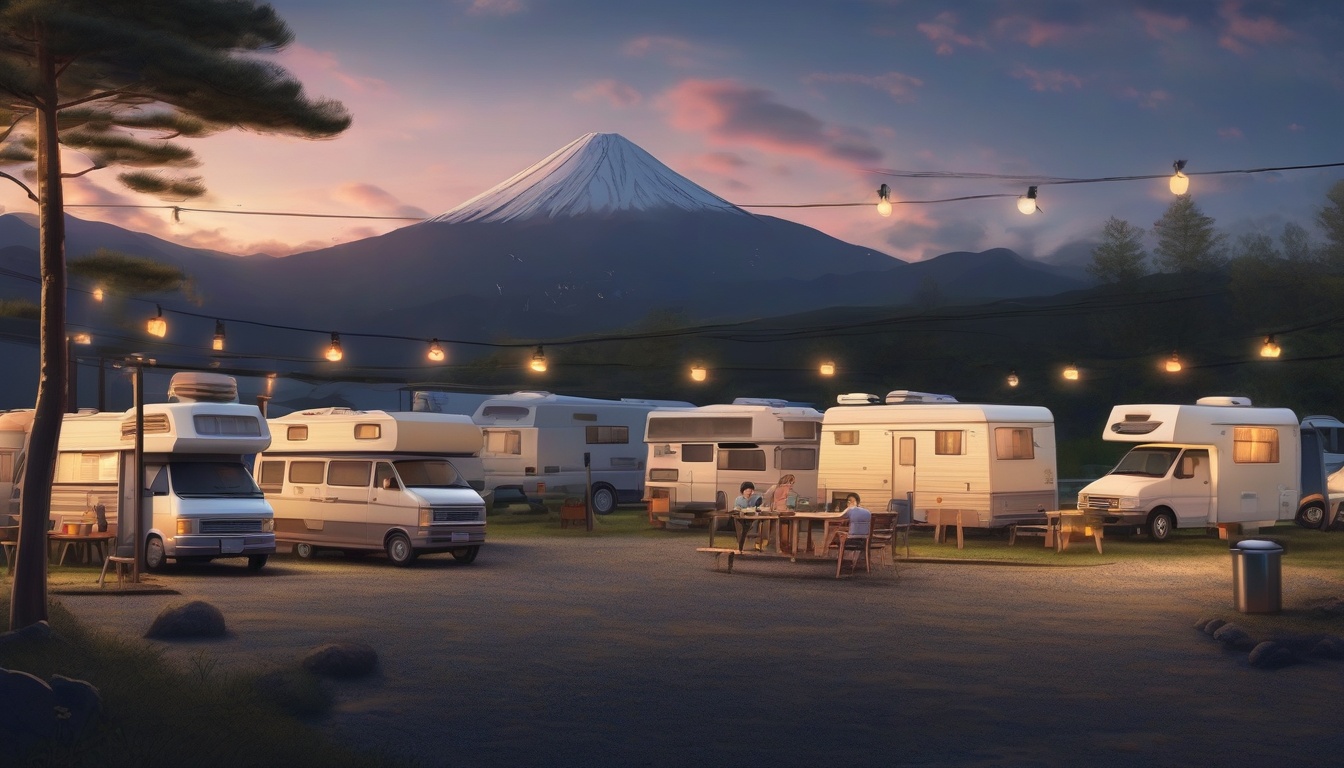 夕暮れのRVパークに並ぶキャンピングカーと電源設備